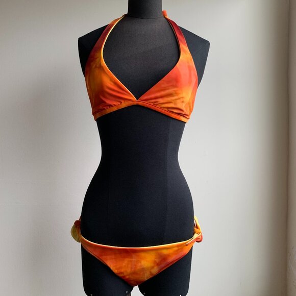 Billabong BLUE CRUSH era Vintage bikini tie dye reversible orange & solid yellow - Picture 9 of 9